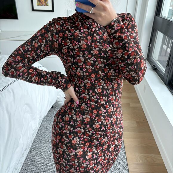 SOLD - Ramy Brook Turtleneck Floral Print Bodycon Midi Dress Brown Small - Picture 3 of 10